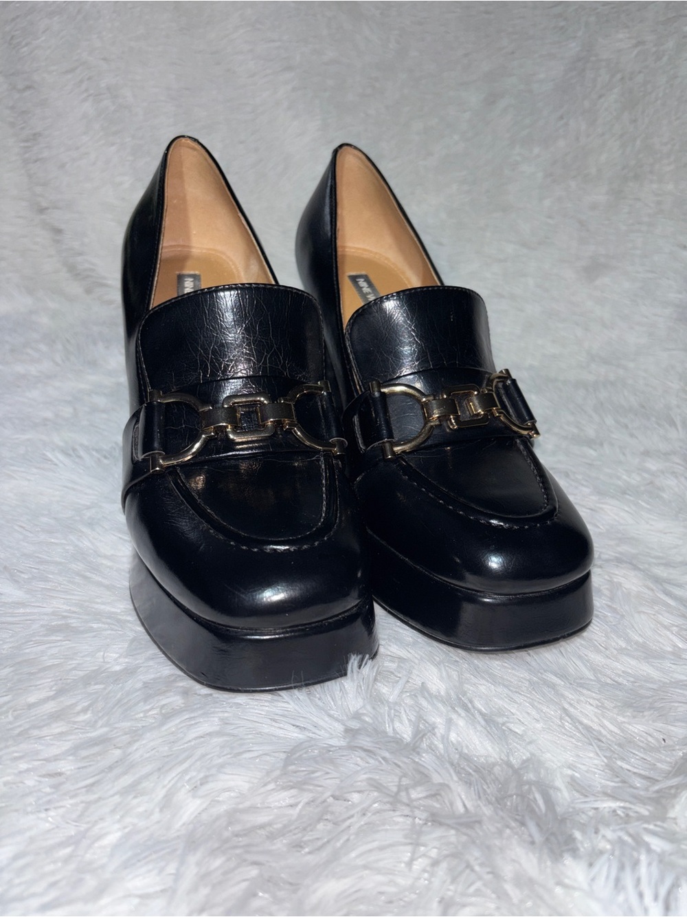 Black Platform Loafer Heels with Gold Bit Accent